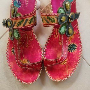 Hand-painted, leather thong sandals, pink, size 39